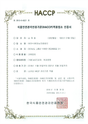Food Safety Management Certification Standard (HACCP) Application Business Certificate for Juice